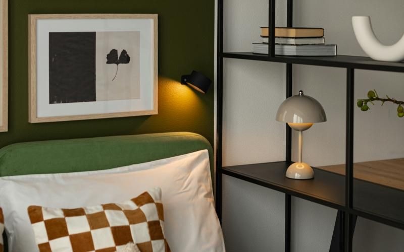 a bed with a white bed spread